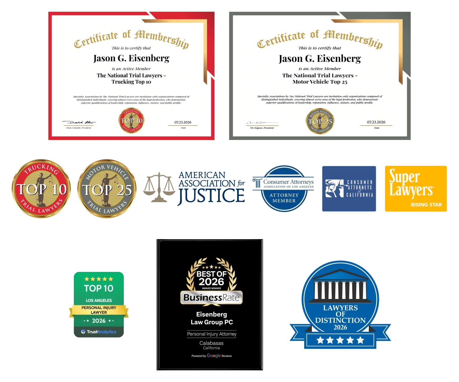 National Trial Lawyers Trucking Top 10 certificate awarded to Jason G. Eisenberg